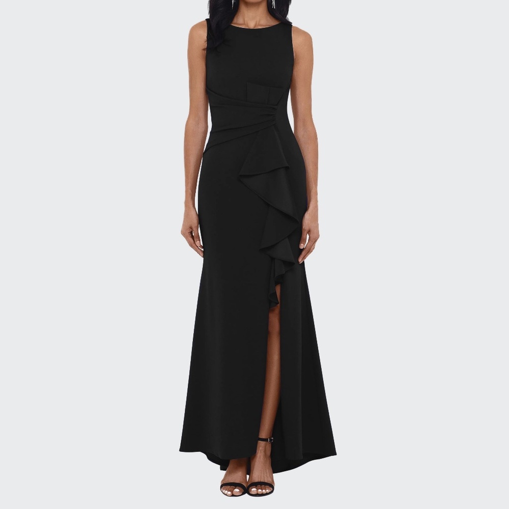 Betsy & Adam. Christine Scuba Crepe‎ Ruffled Bow Gown.